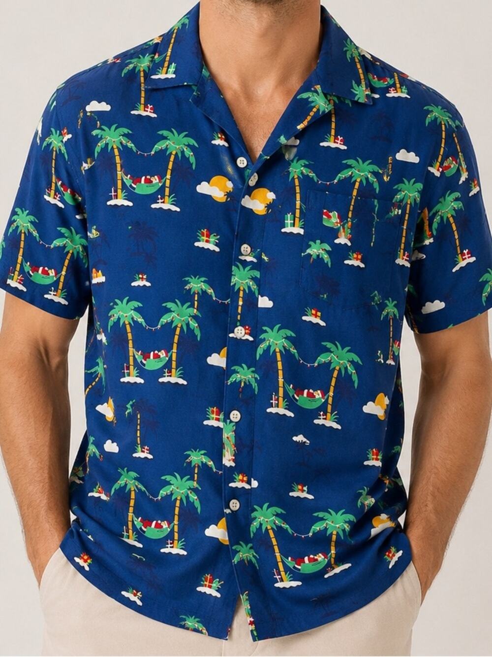 Tipsy Elves Tropical Christmas Hawaiian Shirt Blue Palm Tree Santa Size L